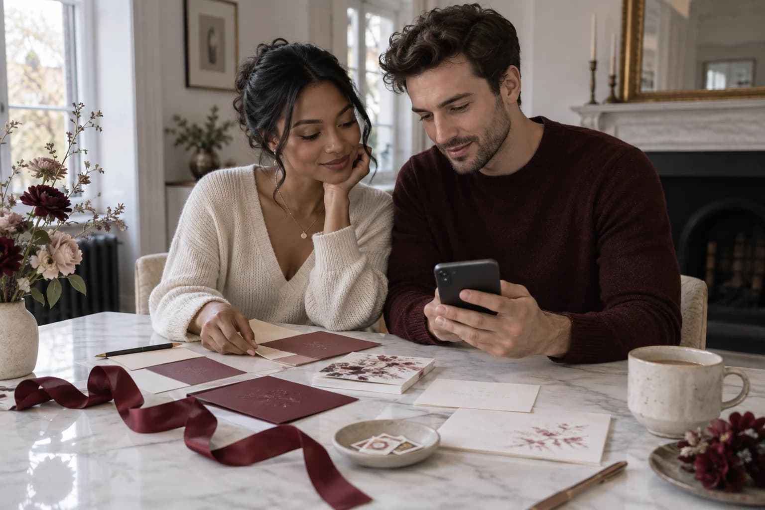 A couple planning their wedding invitation