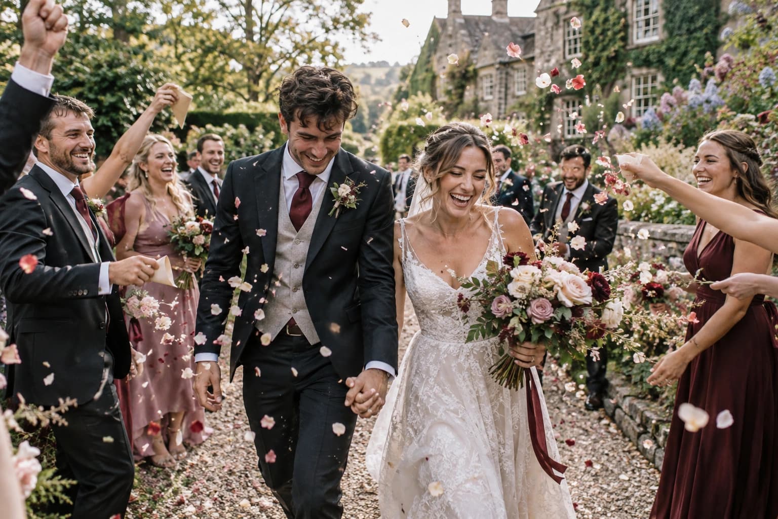 Newlyweds surrounded by friends