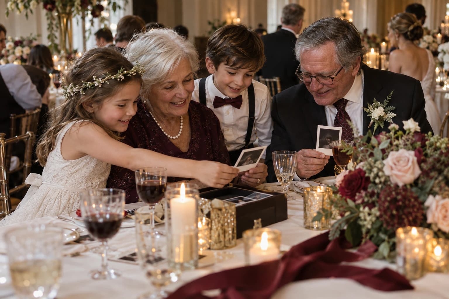 Family enjoying wedding photographs