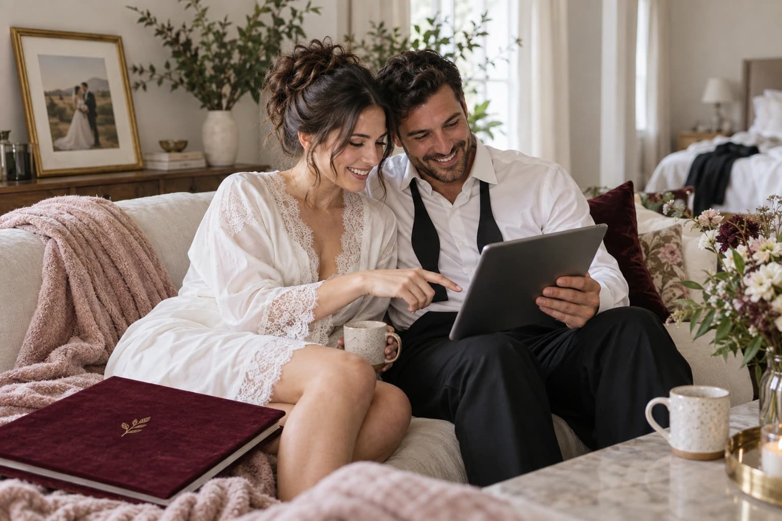 A couple revisiting their wedding memories