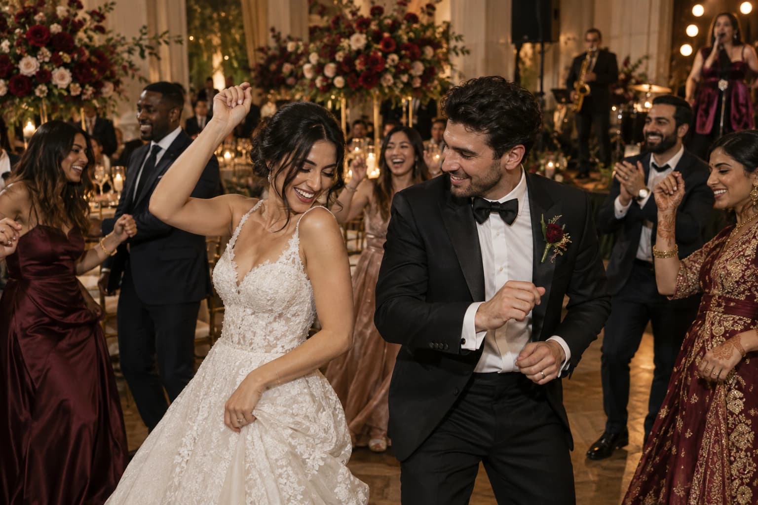 Friends dancing at a wedding
